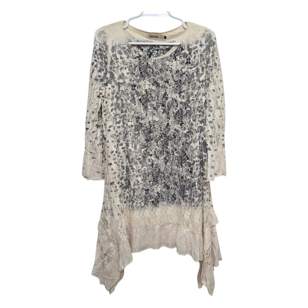 Origami Lace Floral Tunic Top M Boho Ruffle Sheer Blouse